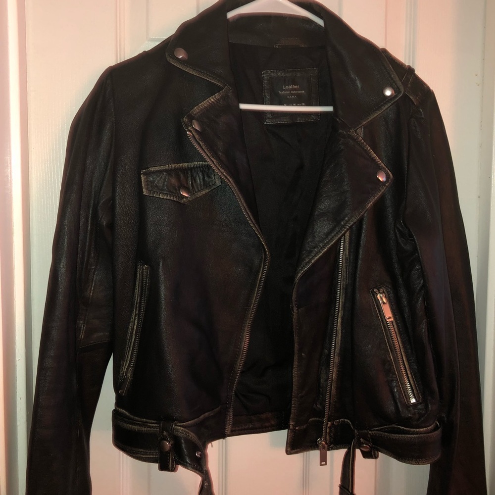 Zara black faded distressed leather  jacket